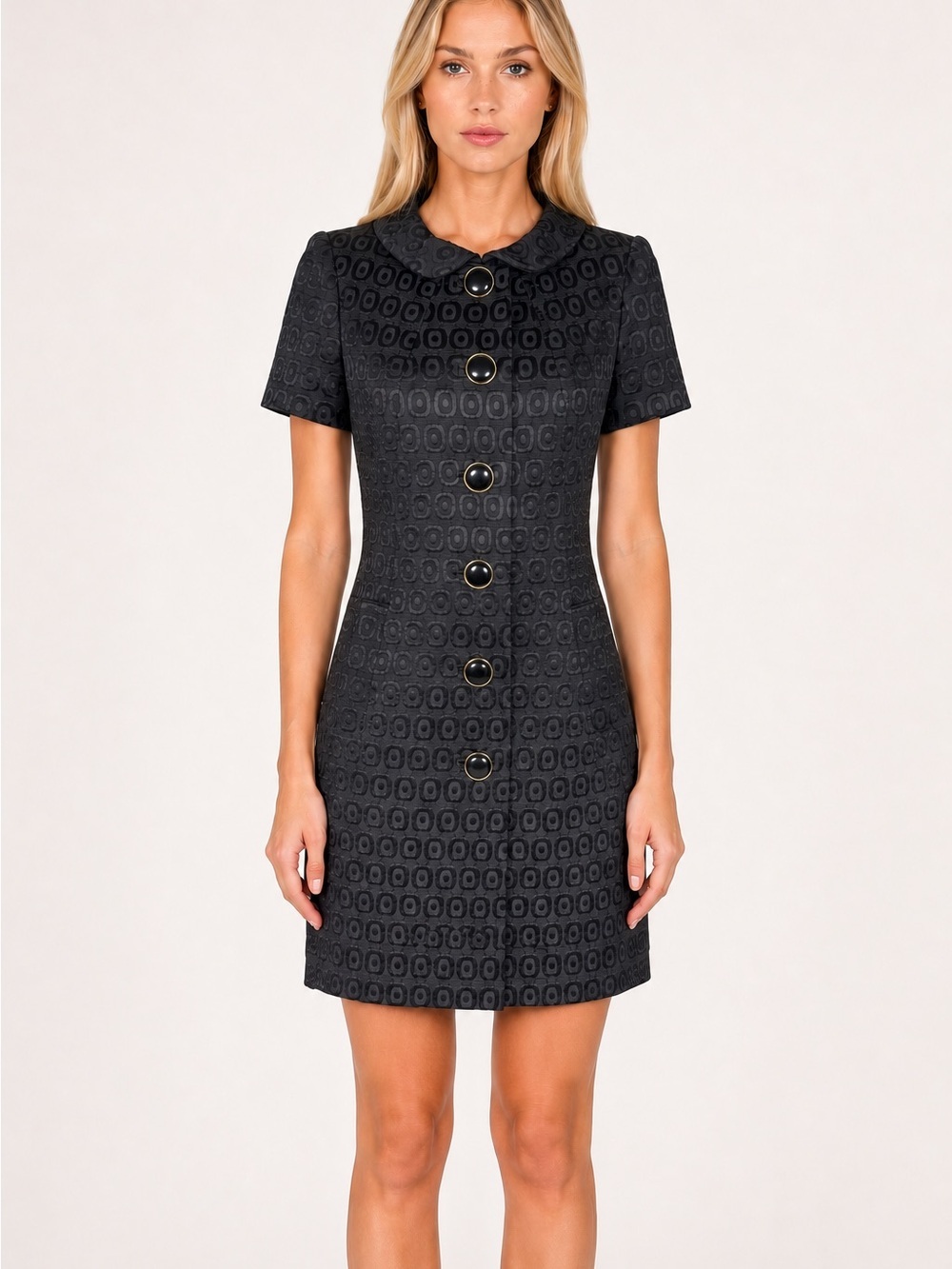 Milly NY Black Jacquard Coat Dress Peter Pan Collar Mod Twiggy Sz 4